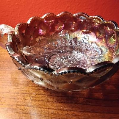 Imperial Glass Nappy Dish with Pansy and Beaded Diamond Quilt Smoke Carnival Glass Circa 1951-72