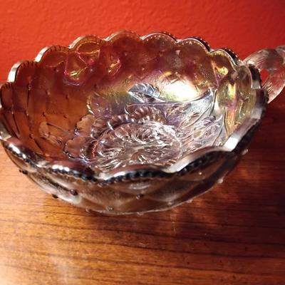 Imperial Glass Nappy Dish with Pansy and Beaded Diamond Quilt Smoke Carnival Glass Circa 1951-72