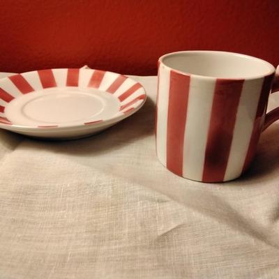Bonwit Teller Red White Stripe Porcelain Demitasse Espresso Cup And Saucer