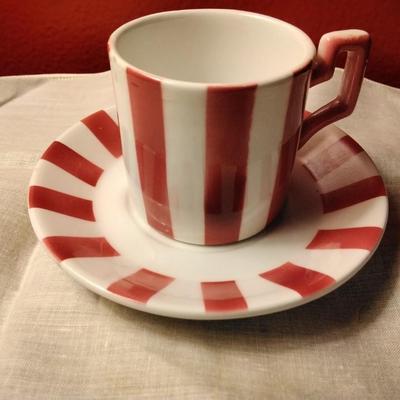 Bonwit Teller Red White Stripe Porcelain Demitasse Espresso Cup And Saucer