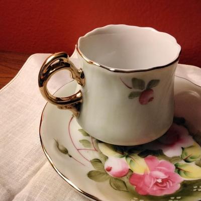 Vintage Lefton China Hand Painted Heritage Roses Motif Teacup & Saucer with Gold Accents
