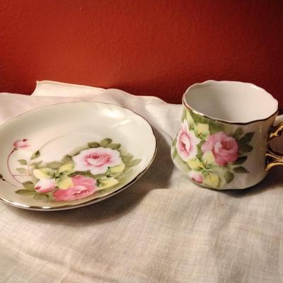 Vintage Lefton China Hand Painted Heritage Roses Motif Teacup & Saucer with Gold Accents