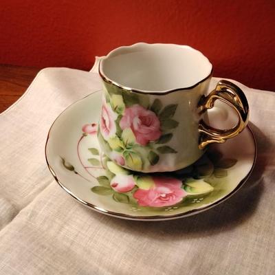Vintage Lefton China Hand Painted Heritage Roses Motif Teacup & Saucer with Gold Accents