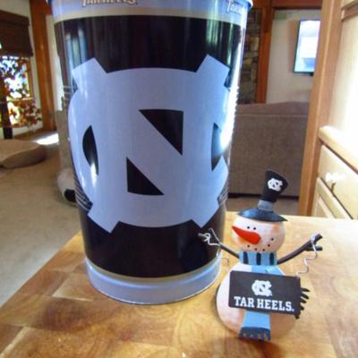 University of NC Metal Wastebasket and Snowman Candle Holder