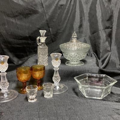 LOT 136 CRYSTAL CANDLESTICK HOLDERS, CANDY DIISH,  & MORE