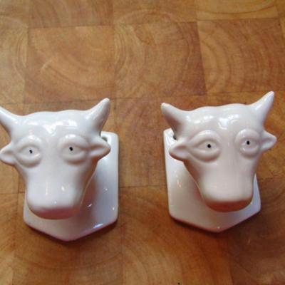 Pair of Glazed Ceramic Wall Hooks- Bull Design