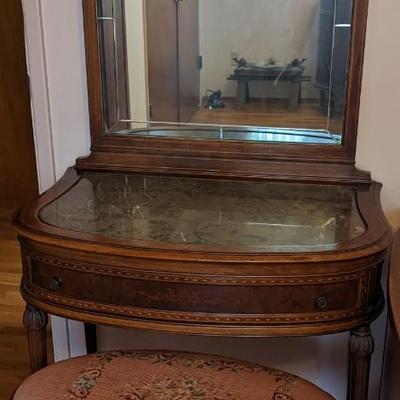 Gorgeous antique marble top vanity with mirror and seat imported from Italy