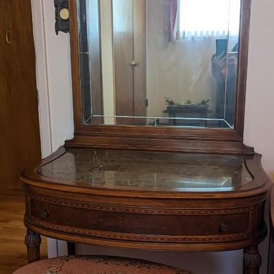 Gorgeous antique marble top vanity with mirror and seat imported from Italy