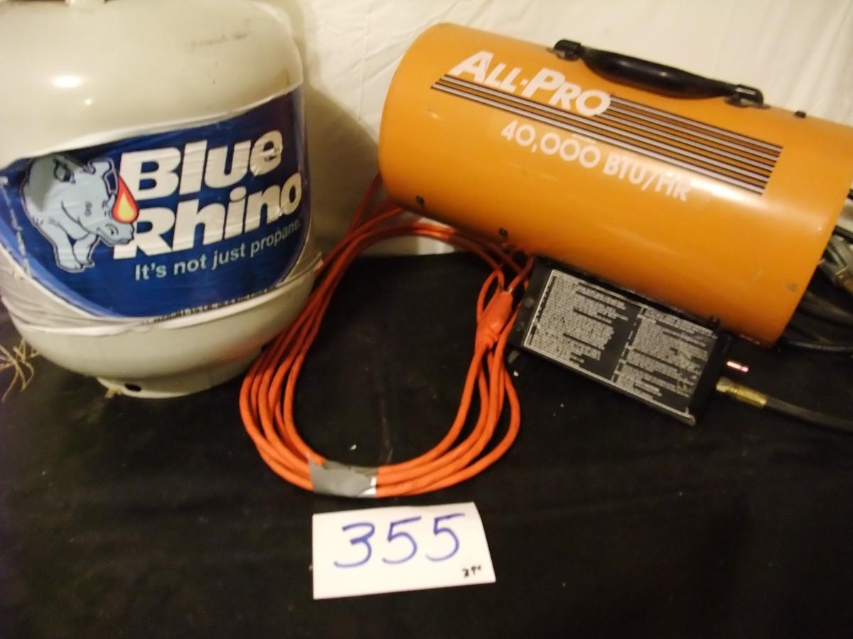 LOT 355 ALL PRO PROPANE HEATER 40,000 BTU/HR, BLUE RHINO HALF FULL
