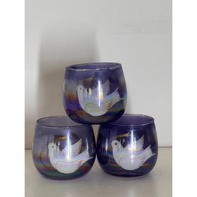 3 Iridescent Cups Votive Holders Painted Doves