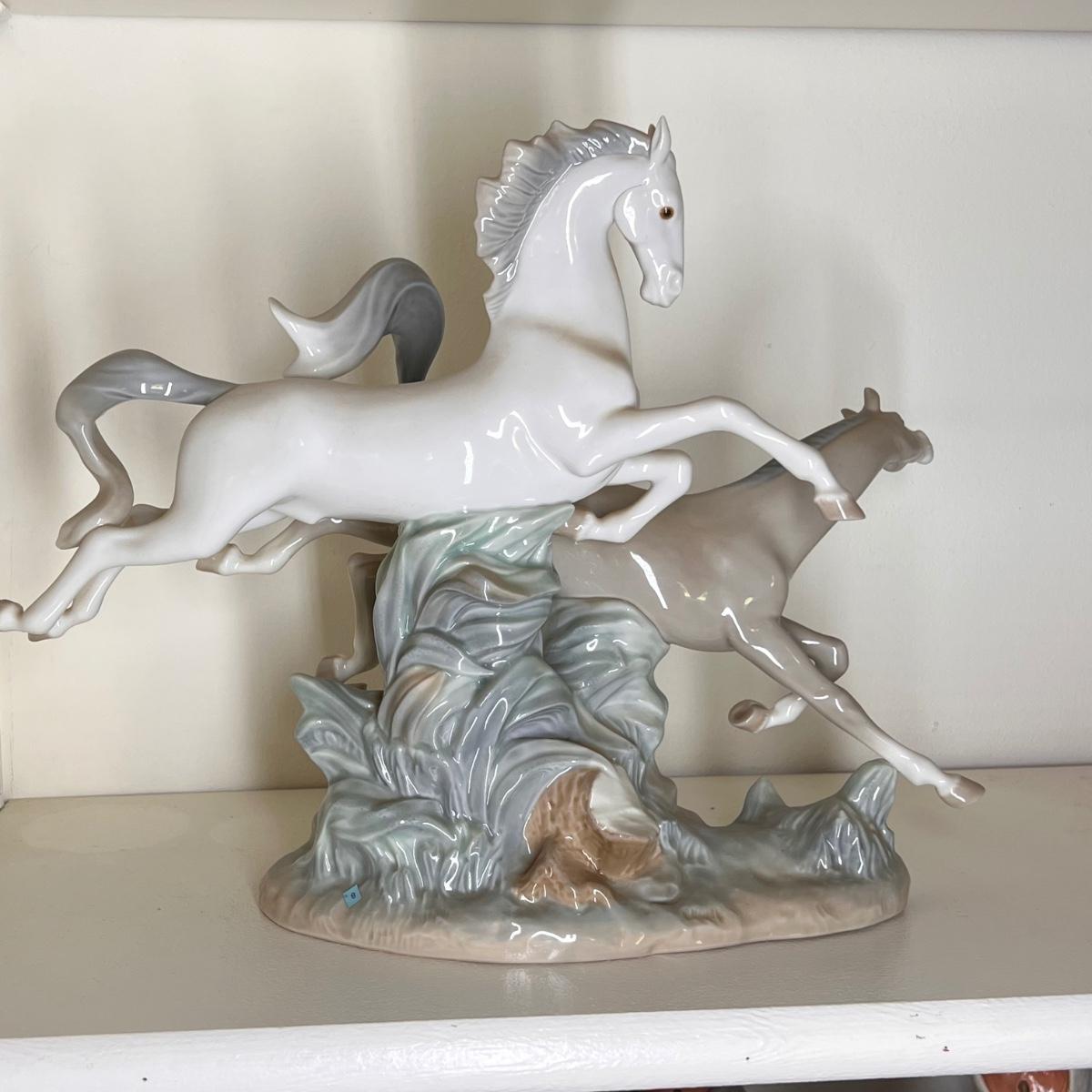 Large Lladro Glazed PorcelainHorses Galloping Figurine