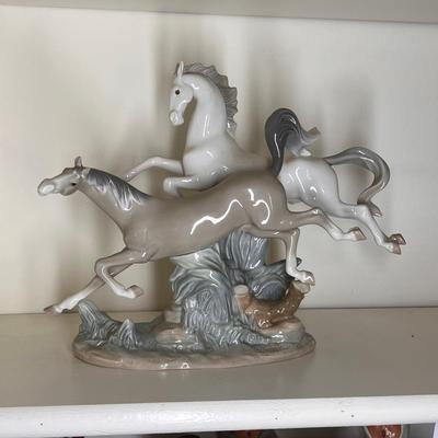 Large Lladro Glazed Porcelain-Horses Galloping Figurine