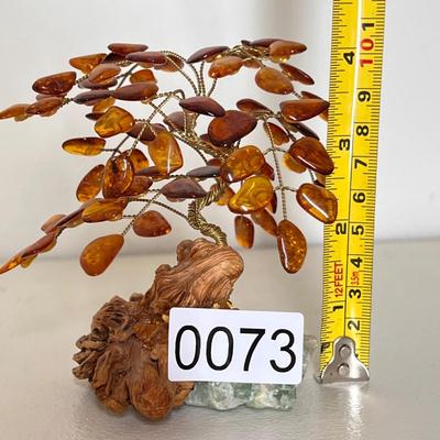 Real Amber Leaves Bonsai Tree Figurine Wood Base