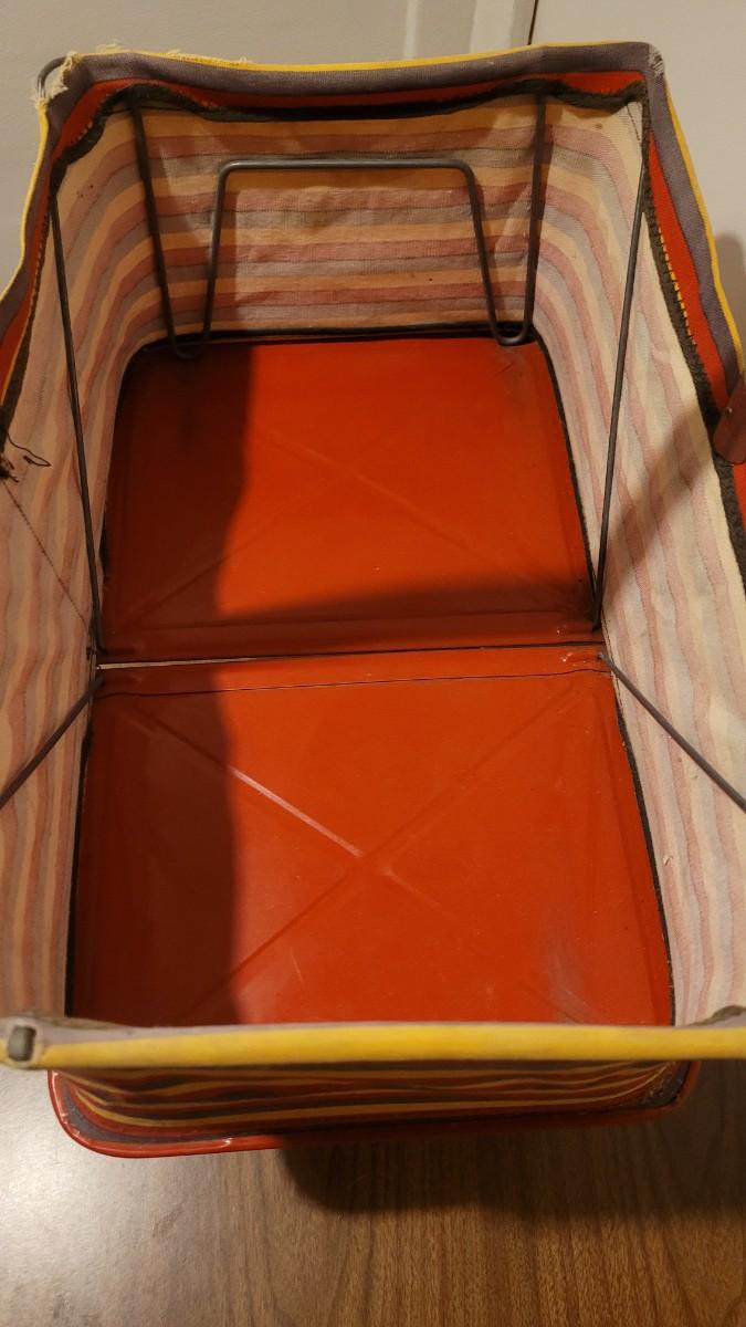 Lot 41 Vintage Fold Up Metal and Striped Fabric Picnic Basket