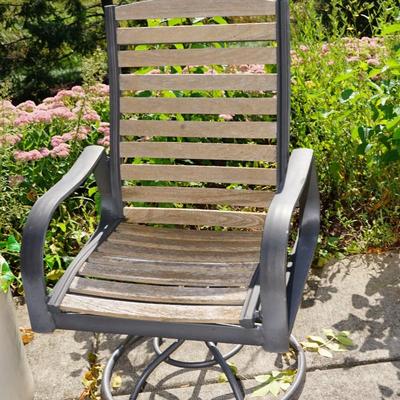 PAIR OF METAL AND WOOD SLAT SWIVEL CHAIRS WITH METAL PATIO TABLE