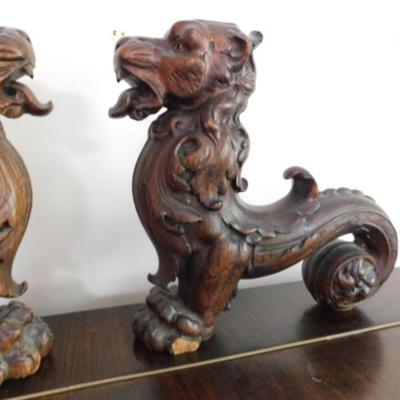 Pair of Large Wood Carved Foo Dogs