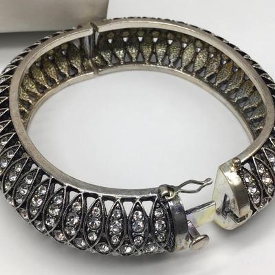 Beautiful Vintage Hinged Rhinestone Heavy Bracelet with safety Lock