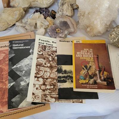 Rock and fossil collection with rock books
