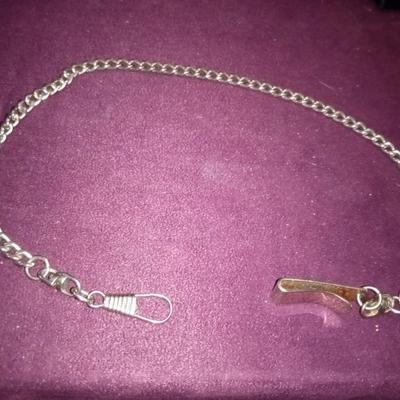 LOT 53  STERLING SILVER TIE TACK, ANIMAL TOOTH PENDANT AND POCKET WATCH CHAIN