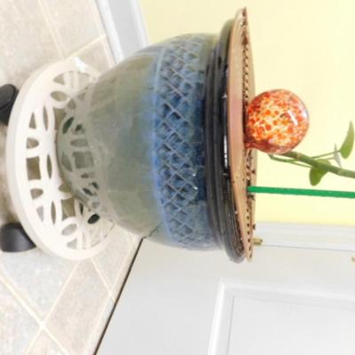 Live Vine Leaf Plant in Ceramic Blue Tone Planter with Dolly Base