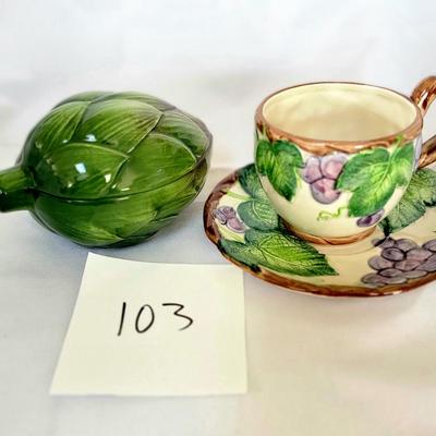 Fitz and Floyd Cup and saucer and artichoke container