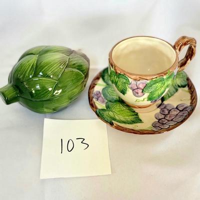 Fitz and Floyd Cup and saucer and artichoke container