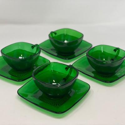Vintage Anchor Hocking Charm Forest Green Glass Cups/Saucers - Set of 4