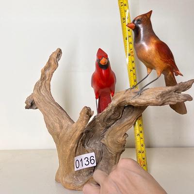 Vintage Carved Wood Cardinal Birds Signed