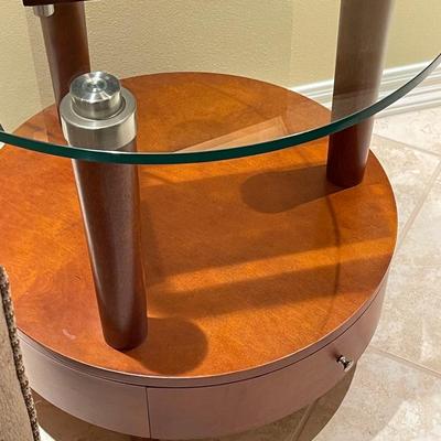 Vintage Wood and Glass Round End Table with Single Drawer