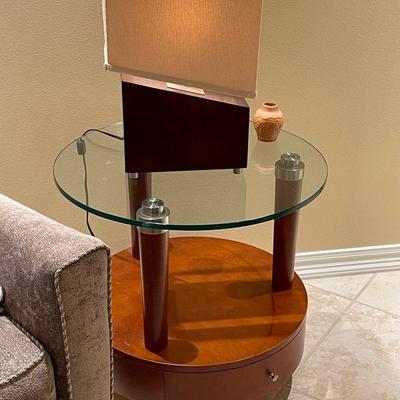 Vintage Wood and Glass Round End Table with Single Drawer