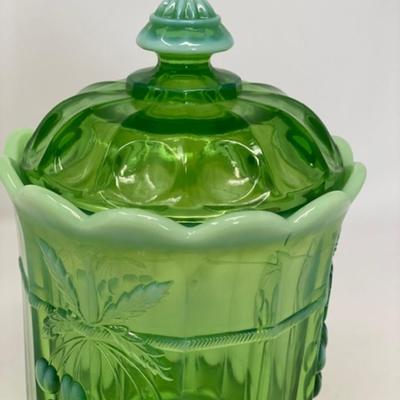 Mosser (Ohio) Cherry Thumbprint Green Opalescent Cookie Jar - 10"