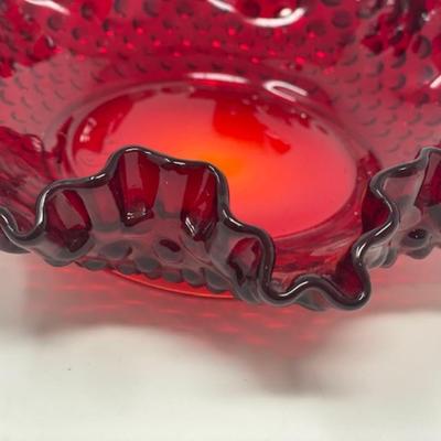 Fenton Hobnail Ruby Red Double Crimped Bonbon Dish 8"