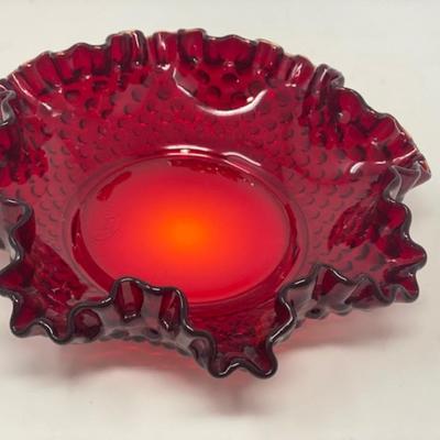 Fenton Hobnail Ruby Red Double Crimped Bonbon Dish 8"