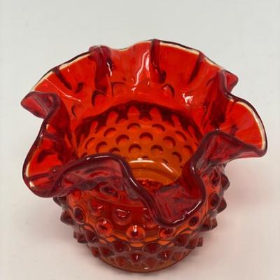 Fenton Orange Hobnail Double Crimped Ruffled 3" Vase