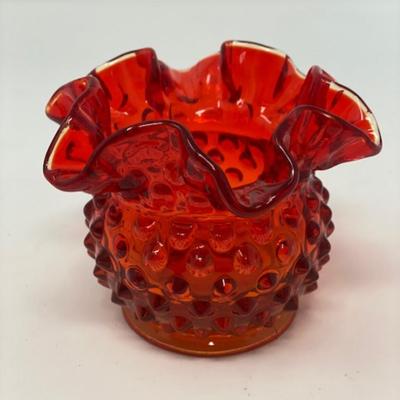Fenton Orange Hobnail Double Crimped Ruffled 3" Vase
