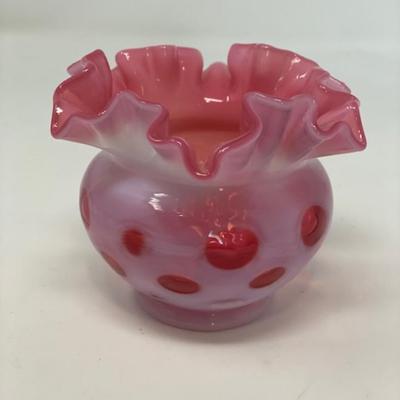 Fenton Coin Dot Cranberry Opalescent Ruffled Vase 3.5"