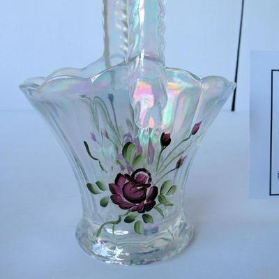 Clear Carnival Glass Hand Painted Glass Basket