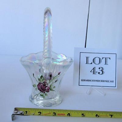 Clear Carnival Glass Hand Painted Glass Basket