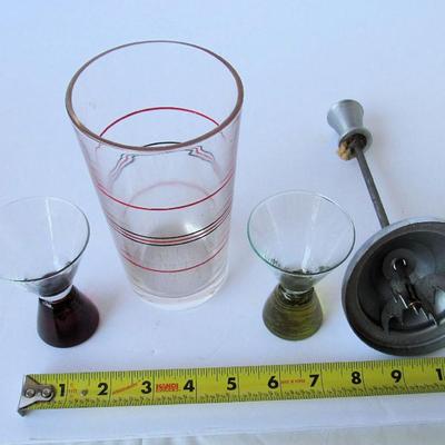 Glass and Metal Mixed Drink Cocktail Shaker/Ice Crusher Insert, 2 Shot Glasses
