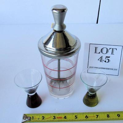Glass and Metal Mixed Drink Cocktail Shaker/Ice Crusher Insert, 2 Shot Glasses