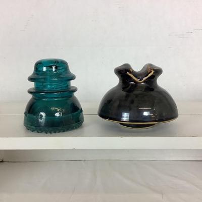 Lot. 6023. Vintage Hemingway - 42 Aqua Glass Insulator & Vintage Ohio Brass Stoneware/Porcelain Insulator, Brown USA Telephone