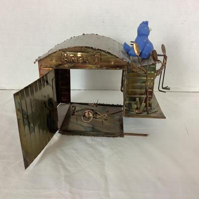 LOt. 6024. Vintage Oxidized Copper Airport Hanger Music Box and Tin Plane Carousels