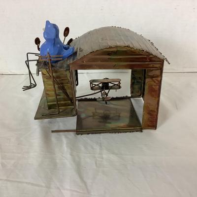 LOt. 6024. Vintage Oxidized Copper Airport Hanger Music Box and Tin Plane Carousels