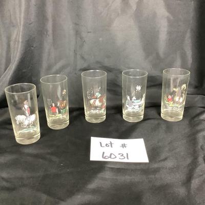Lot. 6031. Set of Five Vintage Mid Century Modern Norman Thelwell, Horse & Rider Pony Highball Cocktail Glasses Tumbler