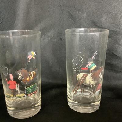 Lot. 6031. Set of Five Vintage Mid Century Modern Norman Thelwell, Horse & Rider Pony Highball Cocktail Glasses Tumbler