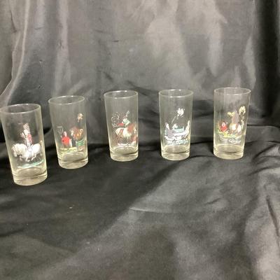Lot. 6031. Set of Five Vintage Mid Century Modern Norman Thelwell, Horse & Rider Pony Highball Cocktail Glasses Tumbler