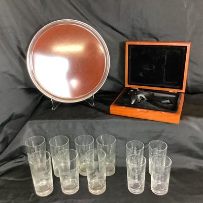 Lot  6035. Lot of Mid Century Pegasus Glass Set, Serving Tray, Wine Opener