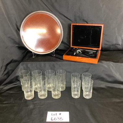 Lot  6035. Lot of Mid Century Pegasus Glass Set, Serving Tray, Wine Opener