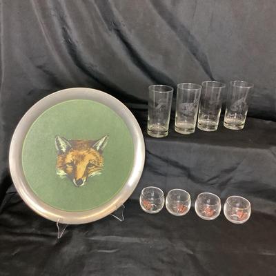 Lot. 6037  Lot of  Vintage Fox Glasses & Serving Tray