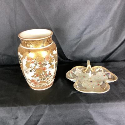 Lot. 6044 Vintage Japanese Porcelain Satsuma Vase & Vintage Hand Painted Porcelain Dish